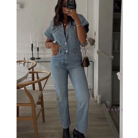 ZARA DENIM JUMPSUIT SHORT SLEEVES LONG PANTS S,M - Picture 4 of 15